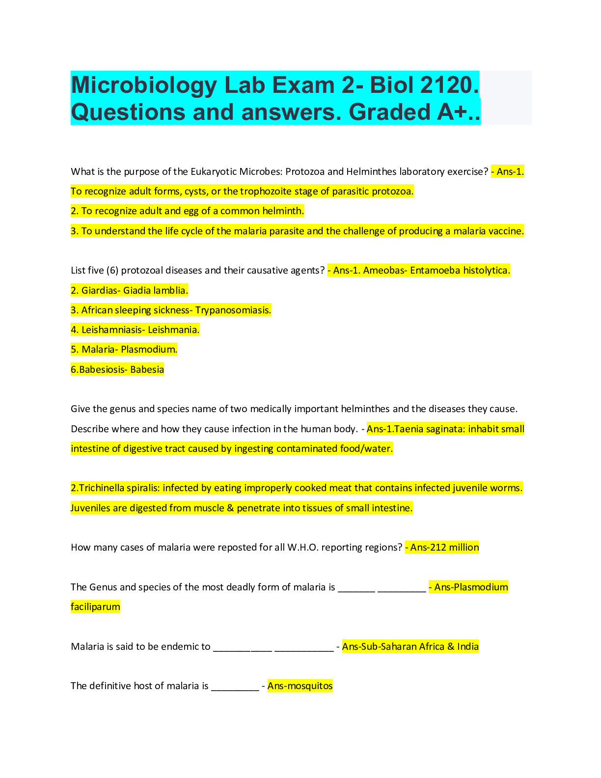 Microbiology Lab Exam 2 Biol 2120. Questions and answers. Graded A+..